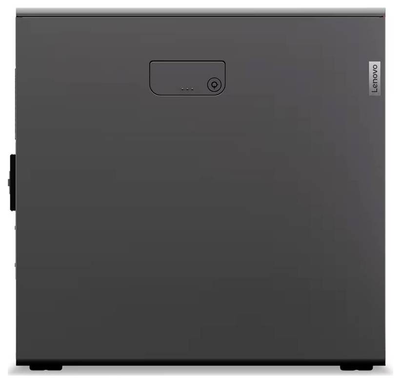 Přední pohled na šedou počítačovou věž Lenovo se malým tlačítkem napájení a logem v pravém horním rohu