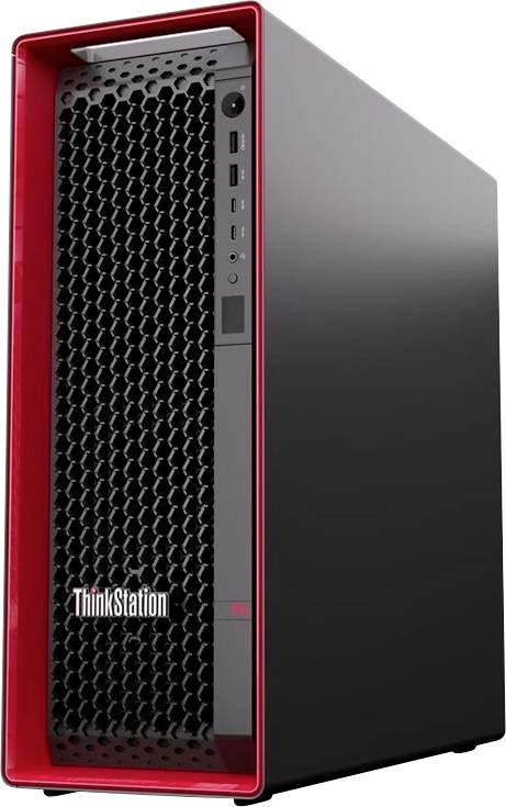 Přední pohled na stolní věž Lenovo ThinkStation s černou voštinovou mřížkou a červeným lemováním na bílém pozadí.