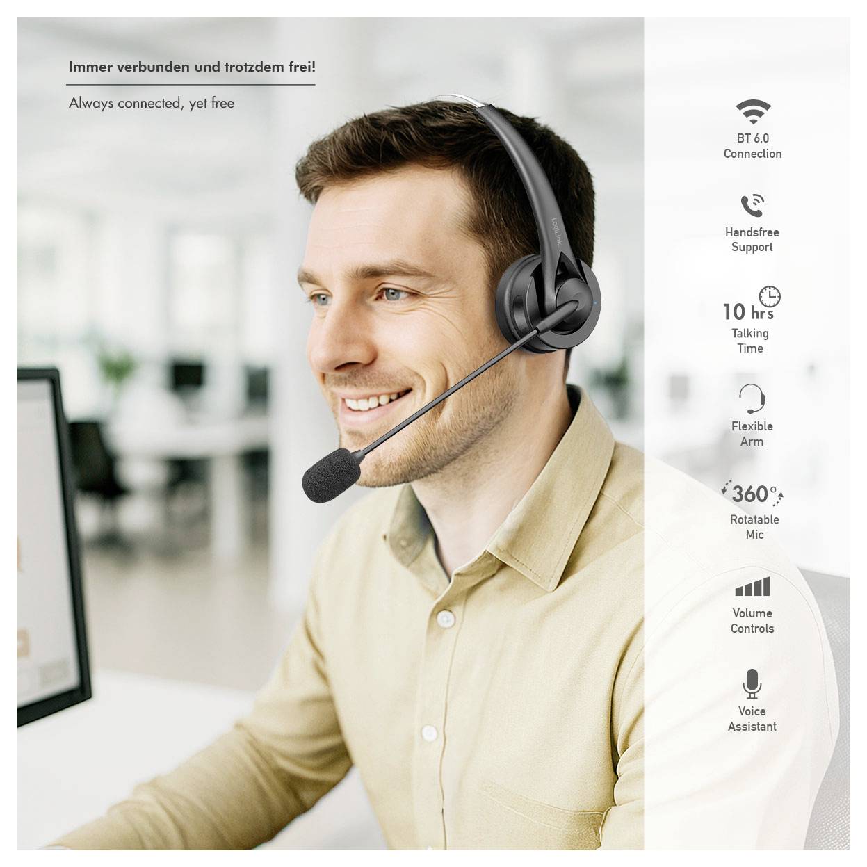 Usmívající se muž nosící bezdrátový headset v kanceláři s textem zvýrazňujícím "Vždy připojen, přesto volný" a funkce jako Bluetooth 6.0, doba hovoru 10 hodin a otočný mikrofon.