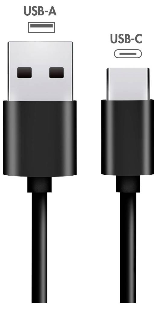 Obrázek porovnávající konektory USB-A a USB-C kabelu, označené jako "USB-A" a "USB-C".