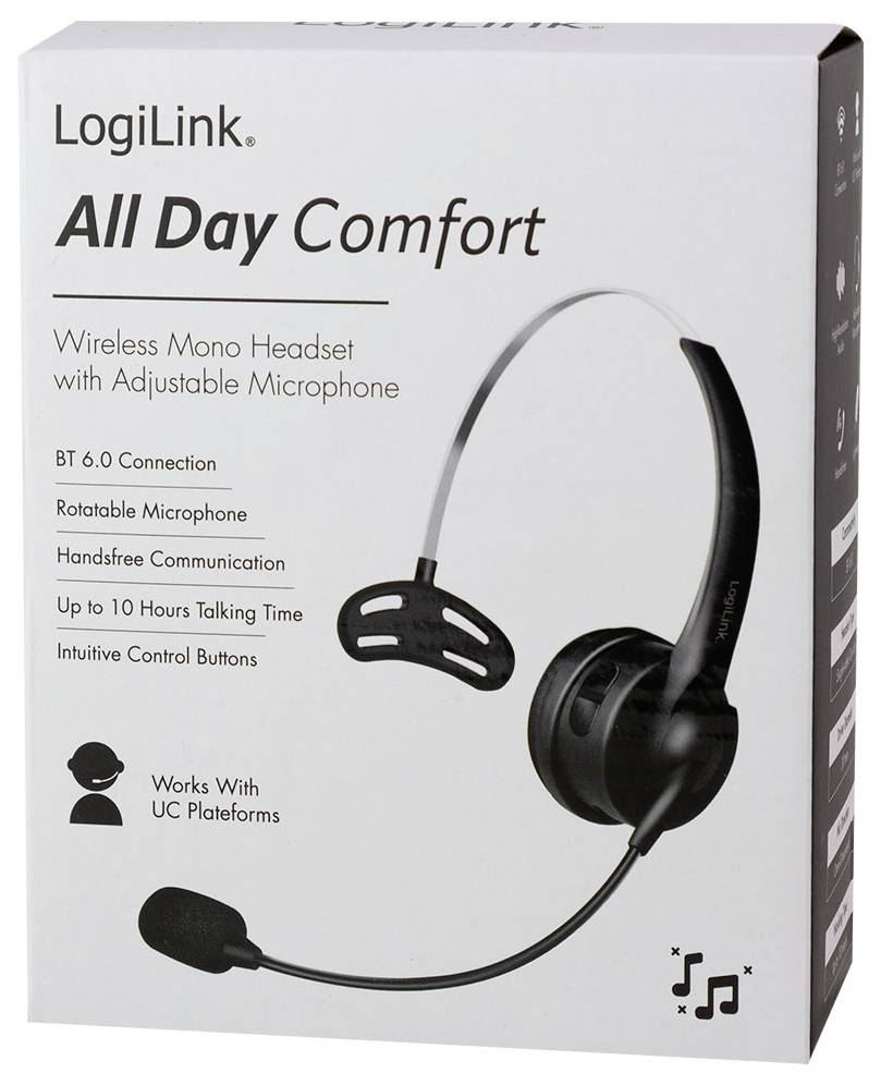 LogiLink All Day Comfort bezdrátová mono sluchátka v krabici s nastavitelným mikrofonem, BT 6.0, až 10 hodin hovoru, kompatibilní s UC platformami.