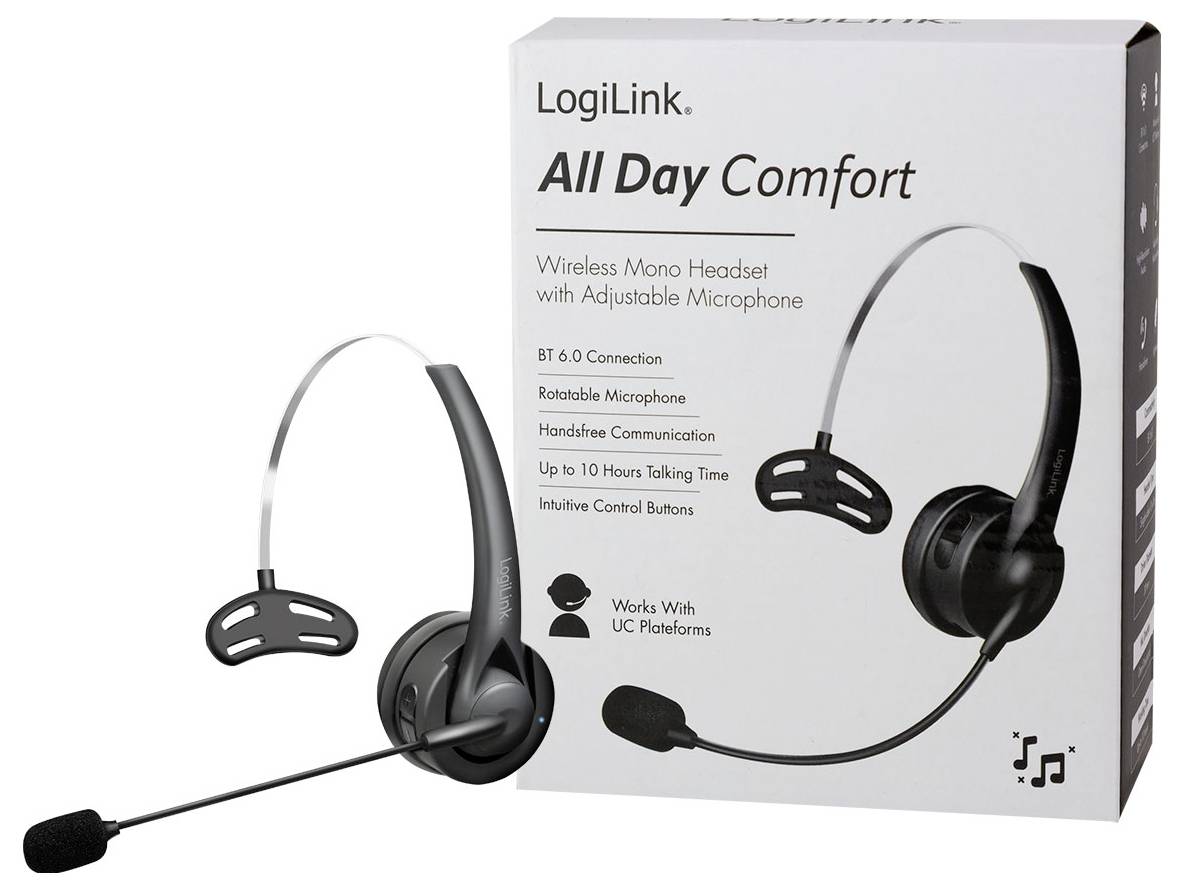 LogiLink All Day Comfort bezdrátová monosluchátka s nastavitelným mikrofonem, zobrazena s krabicí produktu s uvedením Bluetooth 6.0, dobou hovoru 10 hodin a kompatibilitou UC.