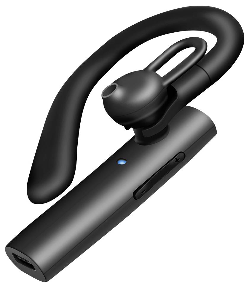 Černá bezdrátová sluchátka Bluetooth s háčkem na ucho a indikačním světlem nabíjení na bílém pozadí.
