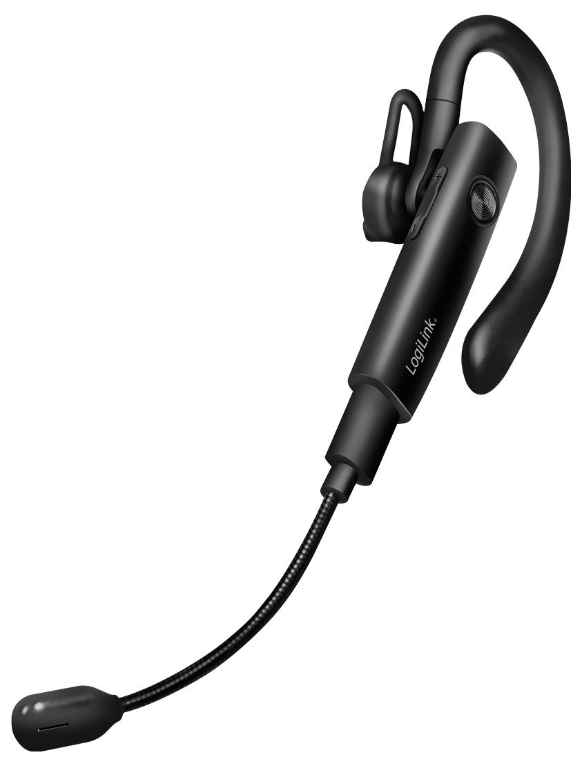 Černá bezdrátová Bluetooth sluchátka s přes-uchem hákem a flexibilním mikrofonním ramenem na bílém pozadí.