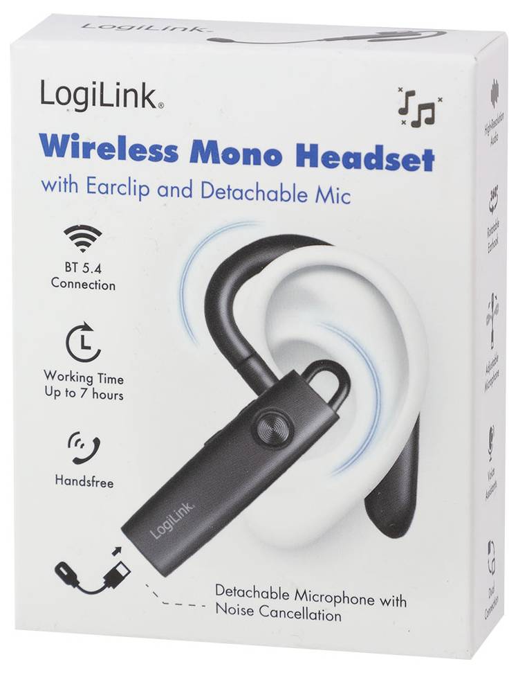 Krabička bezdrátového monosluchátka LogiLink s designem přichycení na ucho, demontovatelným mikrofonem, Bluetooth 5.4, pracovní doba až 7 hodin a možnost bezrukého použití.