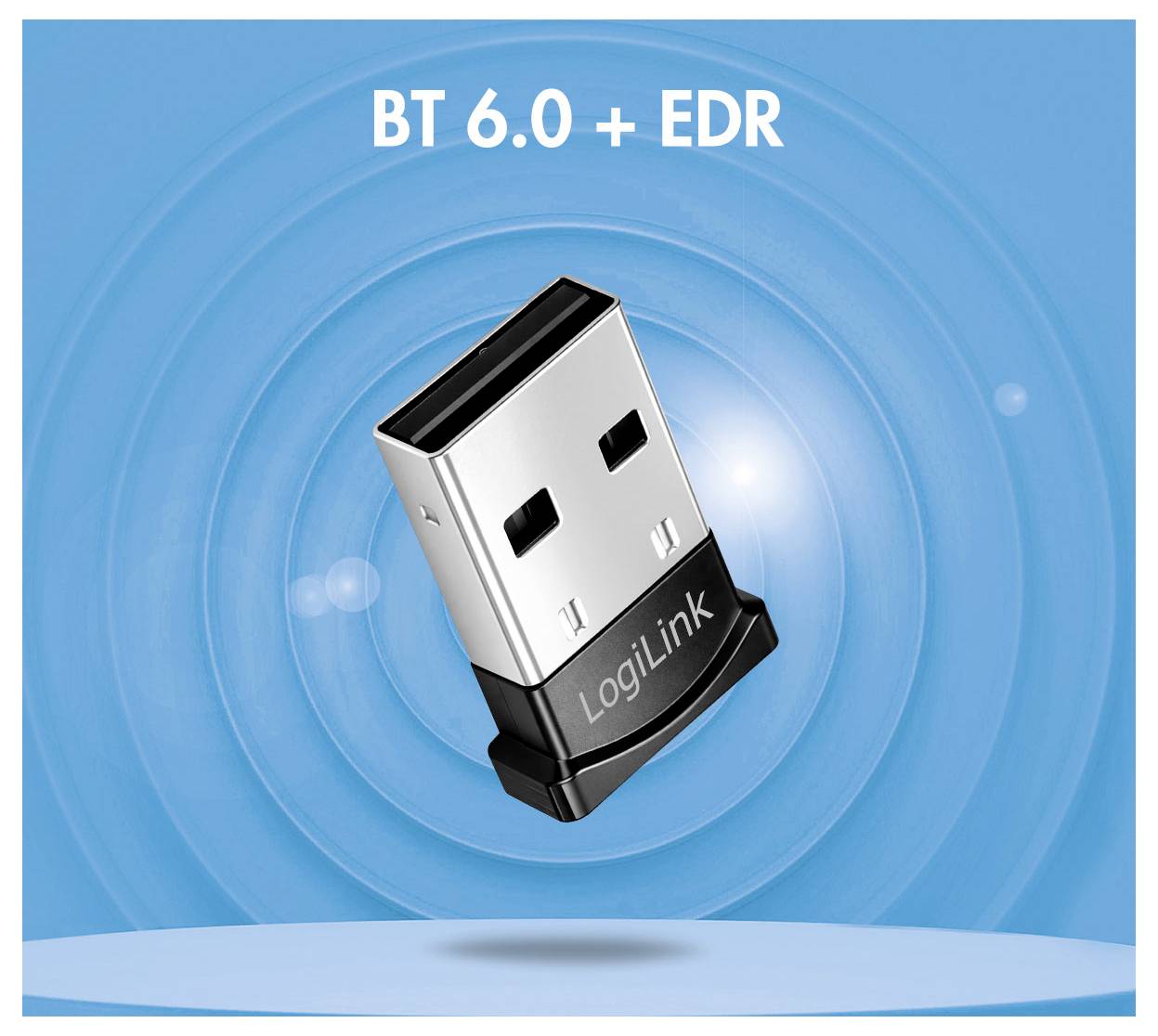 Produktový obrázek adaptéru LogiLink USB Bluetooth s označením "BT 6.0 + EDR" na modrém pozadí.