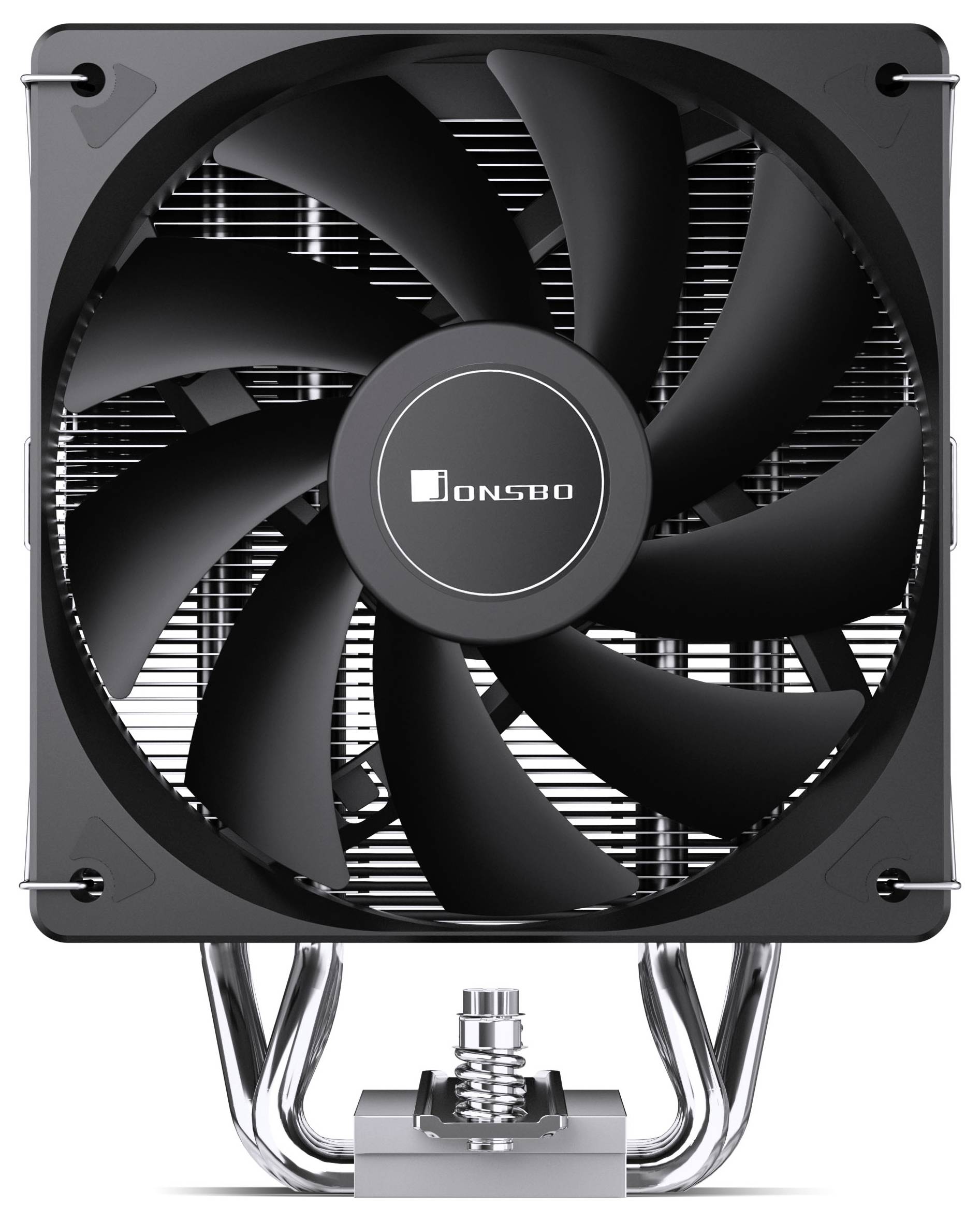 Černý chladící ventilátor Jonsbo se čtvercovým rámem a viditelným kovovým tepelným trubicemi, namontovaný na základně chladiče procesoru.