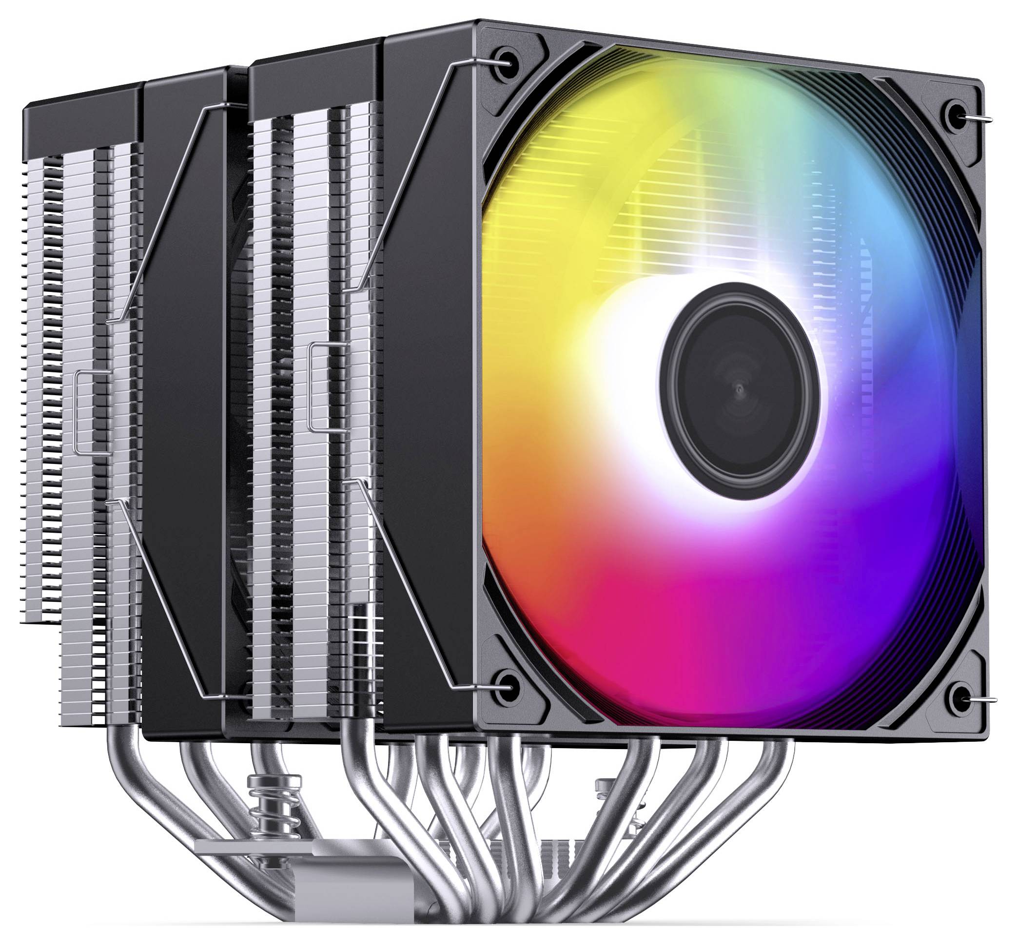 Chladič procesoru počítače s duhovým RGB ventilátorem a více kovovými tepelnými trubicemi připojenými k naskládaným hliníkovým žebrům.