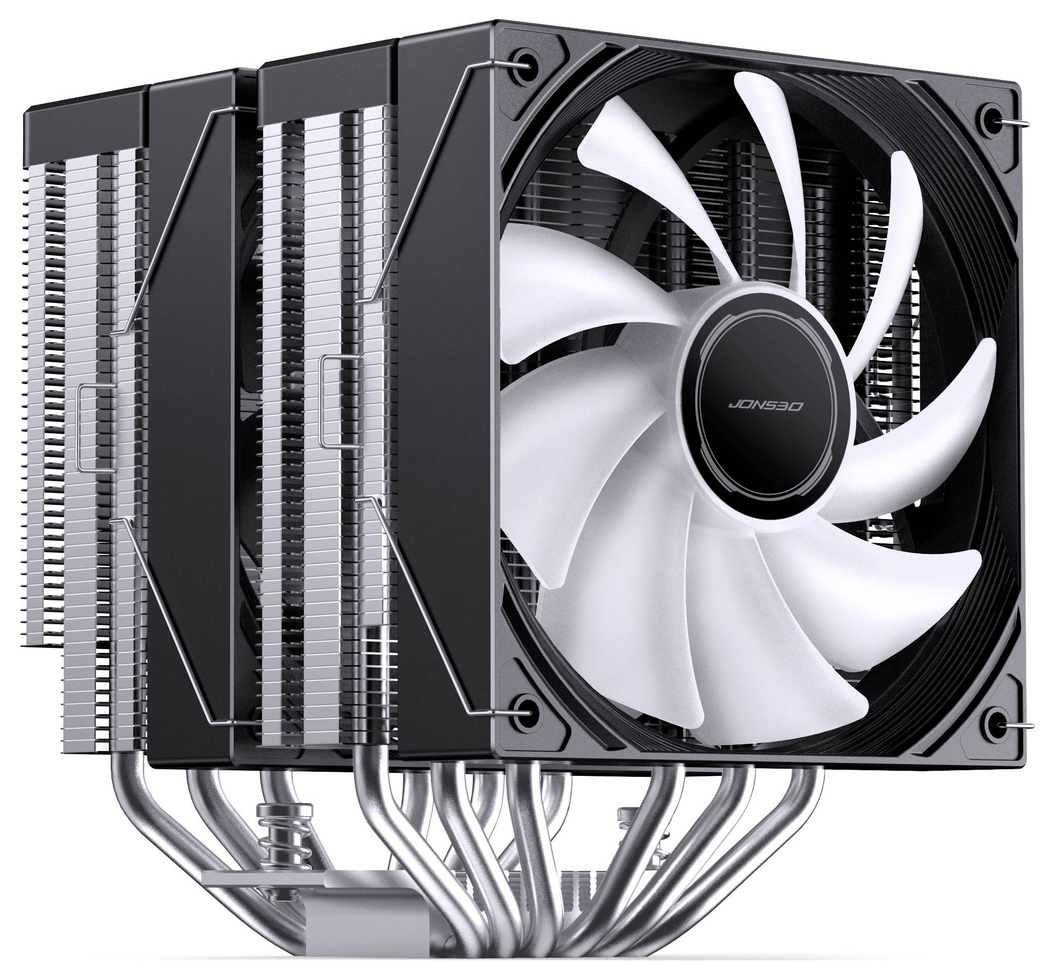 Černý chladič CPU se vzduchovým chlazením a velký bílý ventilátor s více tepelnými trubicemi na bílém pozadí.