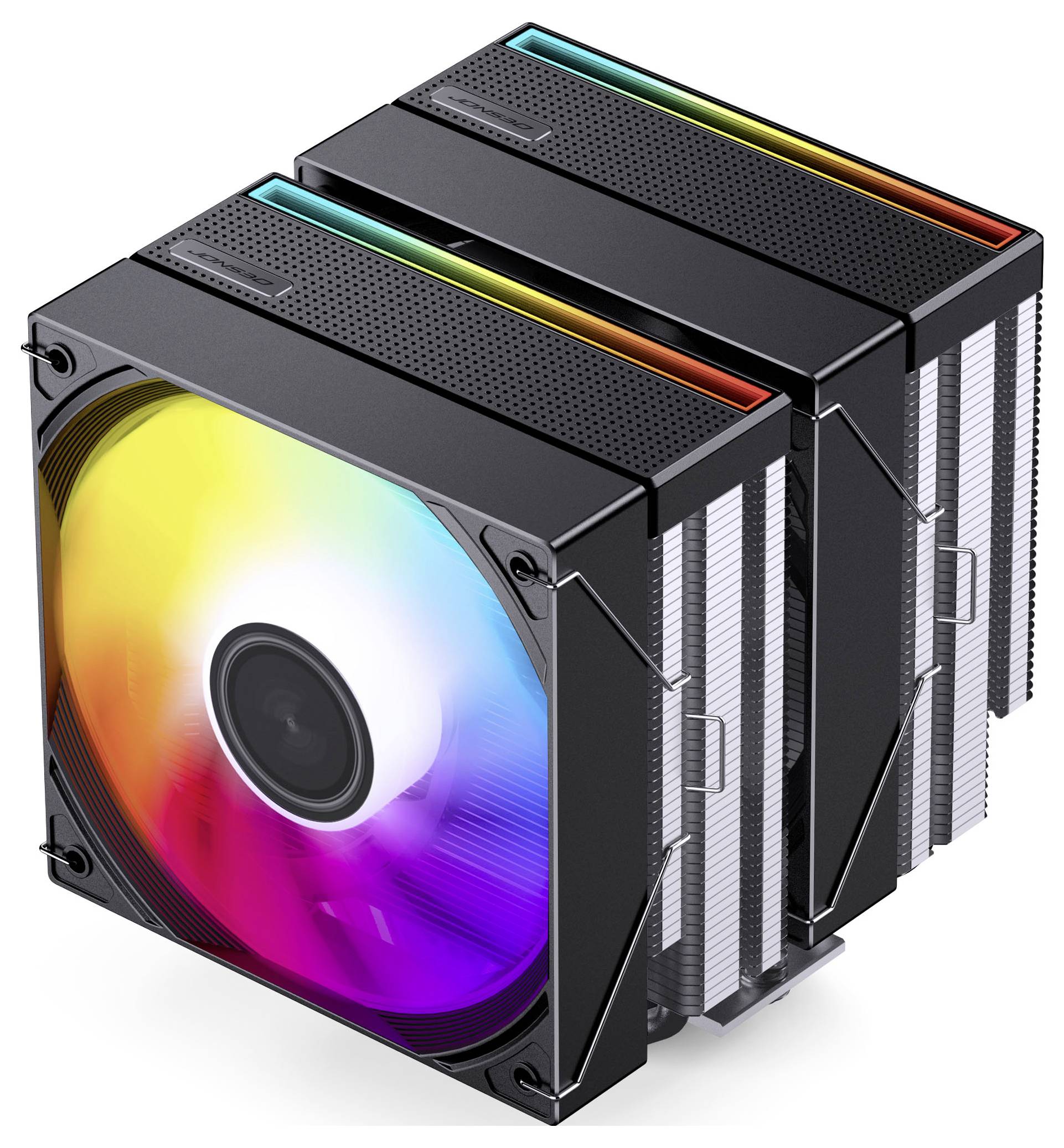 Dvě černé chladící jednotky pro počítač s duhovým osvětlením na horních pruzích; přední jednotka se projevuje velkým vícebarvným RGB ventilátorem.