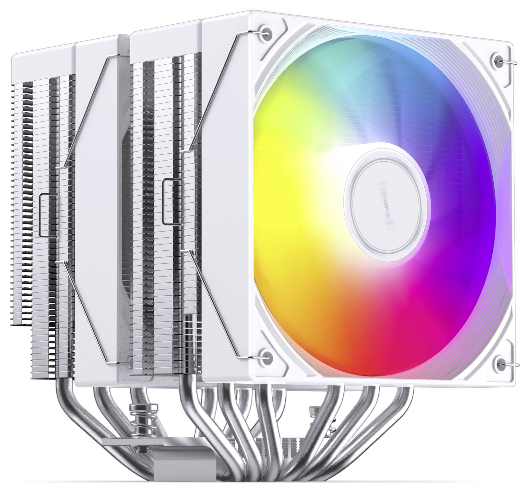 Chladitko procesoru s dvěma naskládanými chladiči a velkým RGB osvětleným ventilátorem na pravé straně, pod kterými jsou viditelné mnohočetné tepelné trubice.
