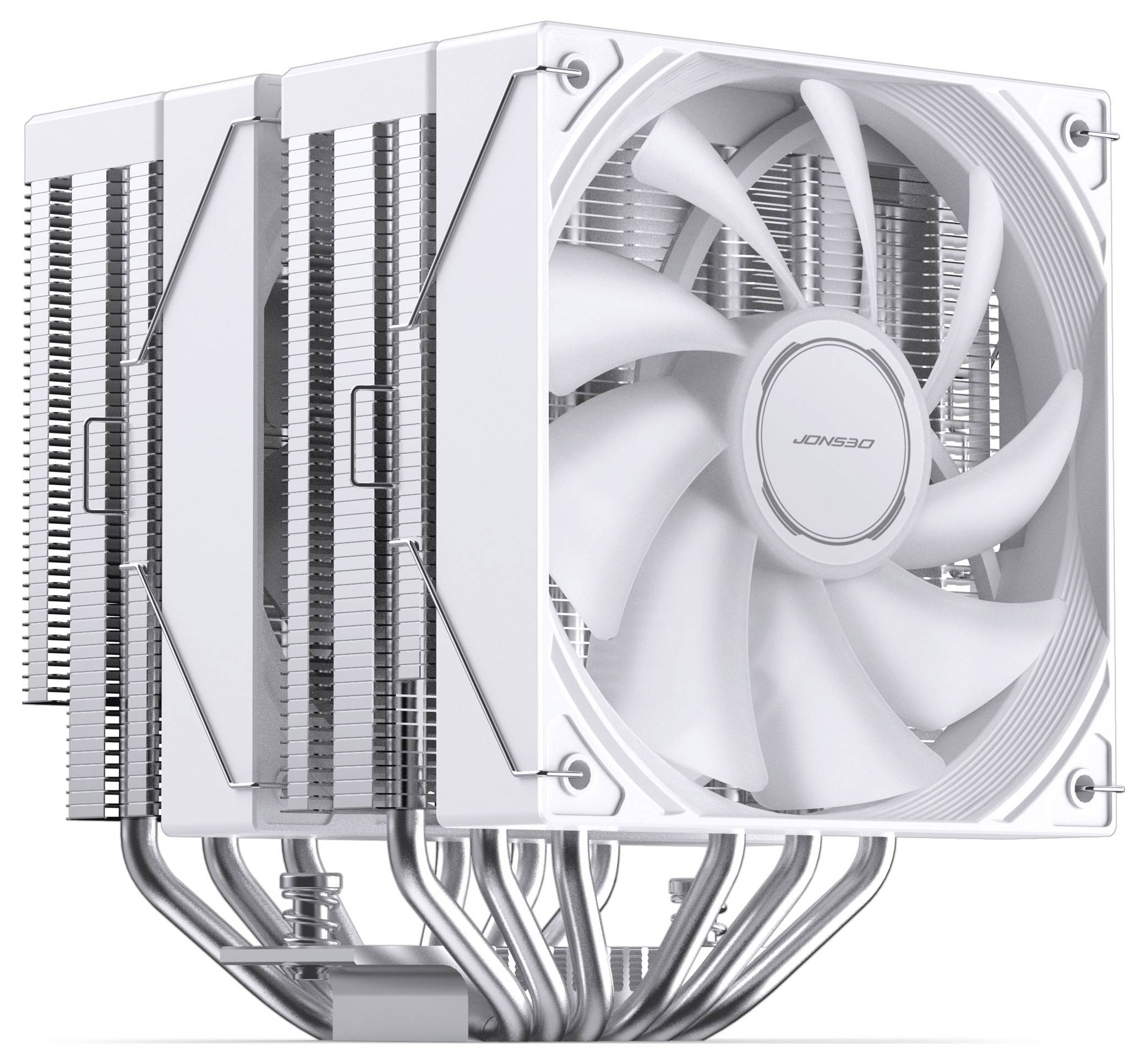 Bílý CPU chladič na vzduch s velkým předním ventilátorem, sadou žeber a tepelnými potrubími, zobrazený na běžném pozadí.