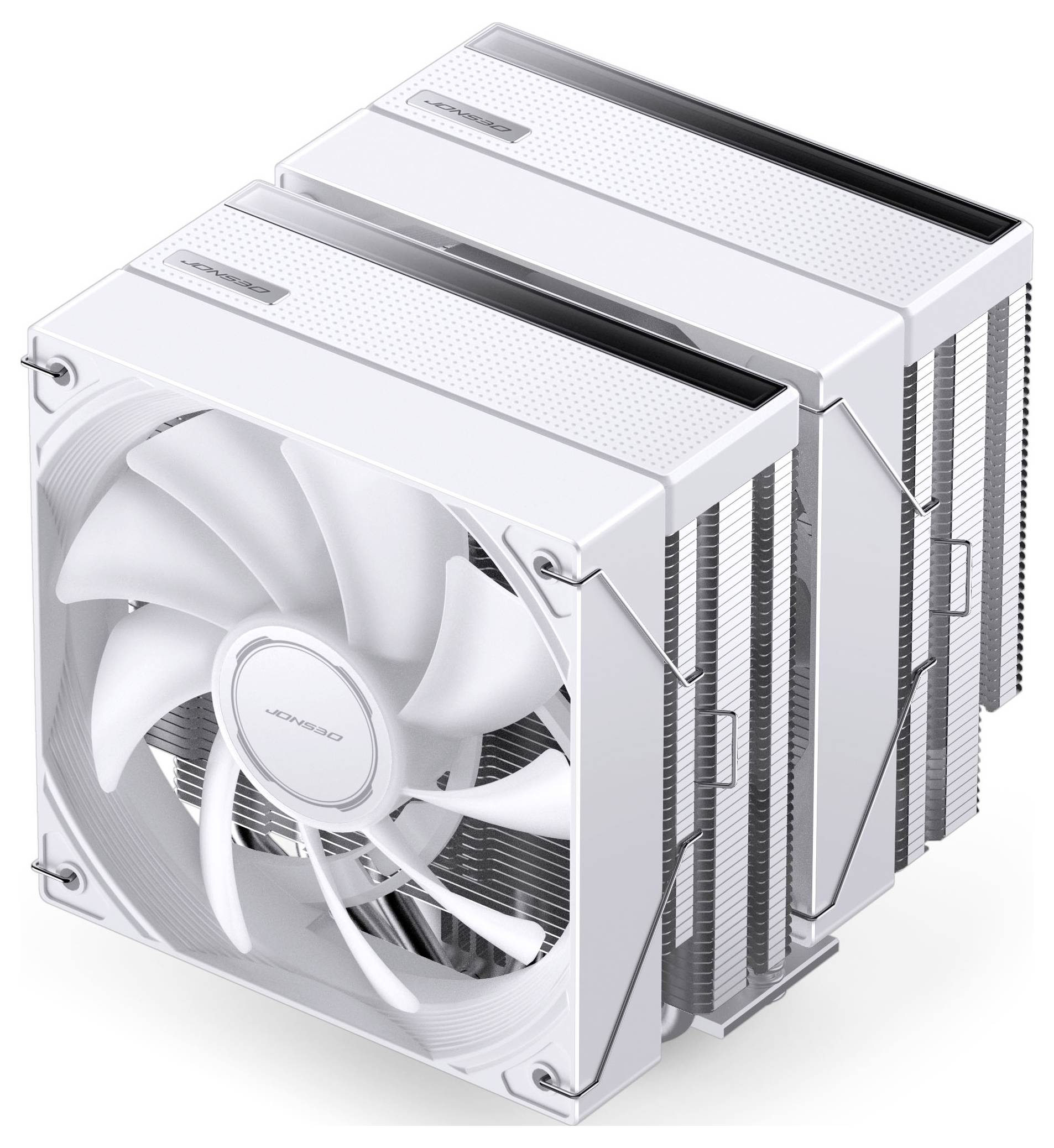 Bílý vzduchový chladič CPU s duální věží a velkým předním ventilátorem a naskládanými chladícími žebry na bílém pozadí.
