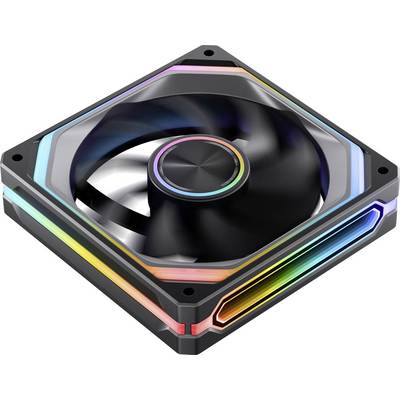 Čtvercový RGB počítačový chladicí ventilátor s černými lopatkami a zářícím duhovým světelným pásem kolem rámu na bílém pozadí.