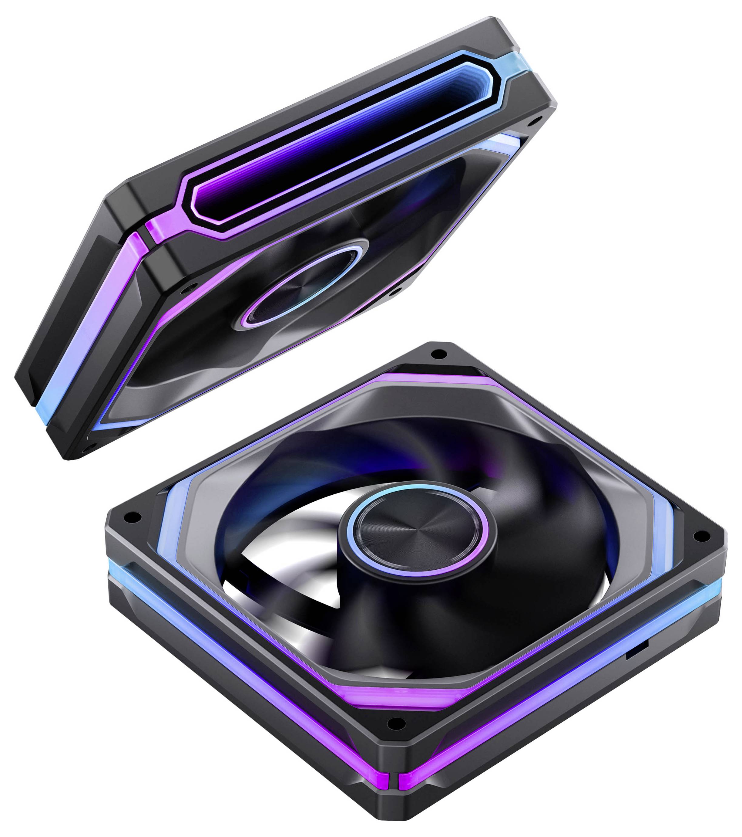 Dva RGB osvětlené PC chladicí ventilátory zobrazené v úhlech s černými čtvercovými rámy a zářícími modrými a fialovými okraji na bílém pozadí.