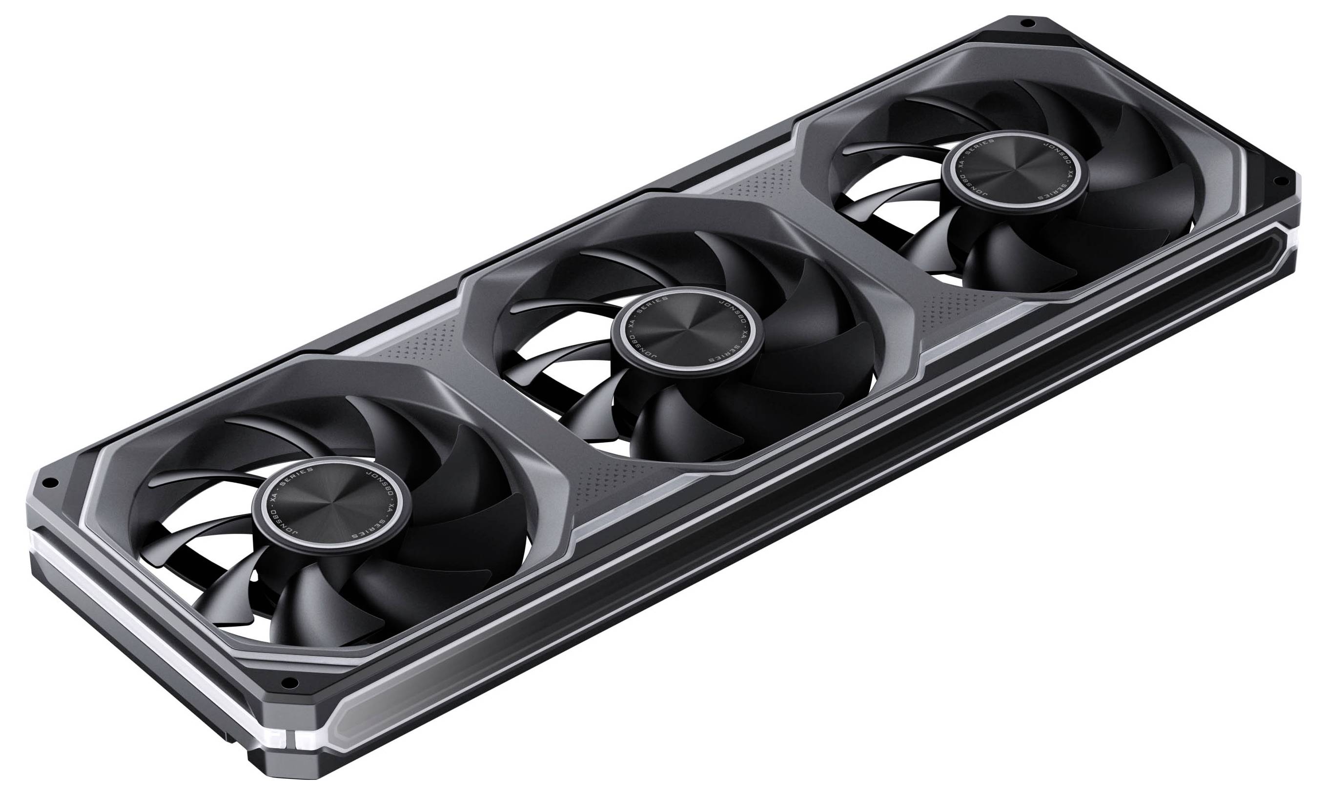 Chladič grafické karty se třemi ventilátory s černými ventilátory a obdélníkovým šedým rámem na bílém pozadí.