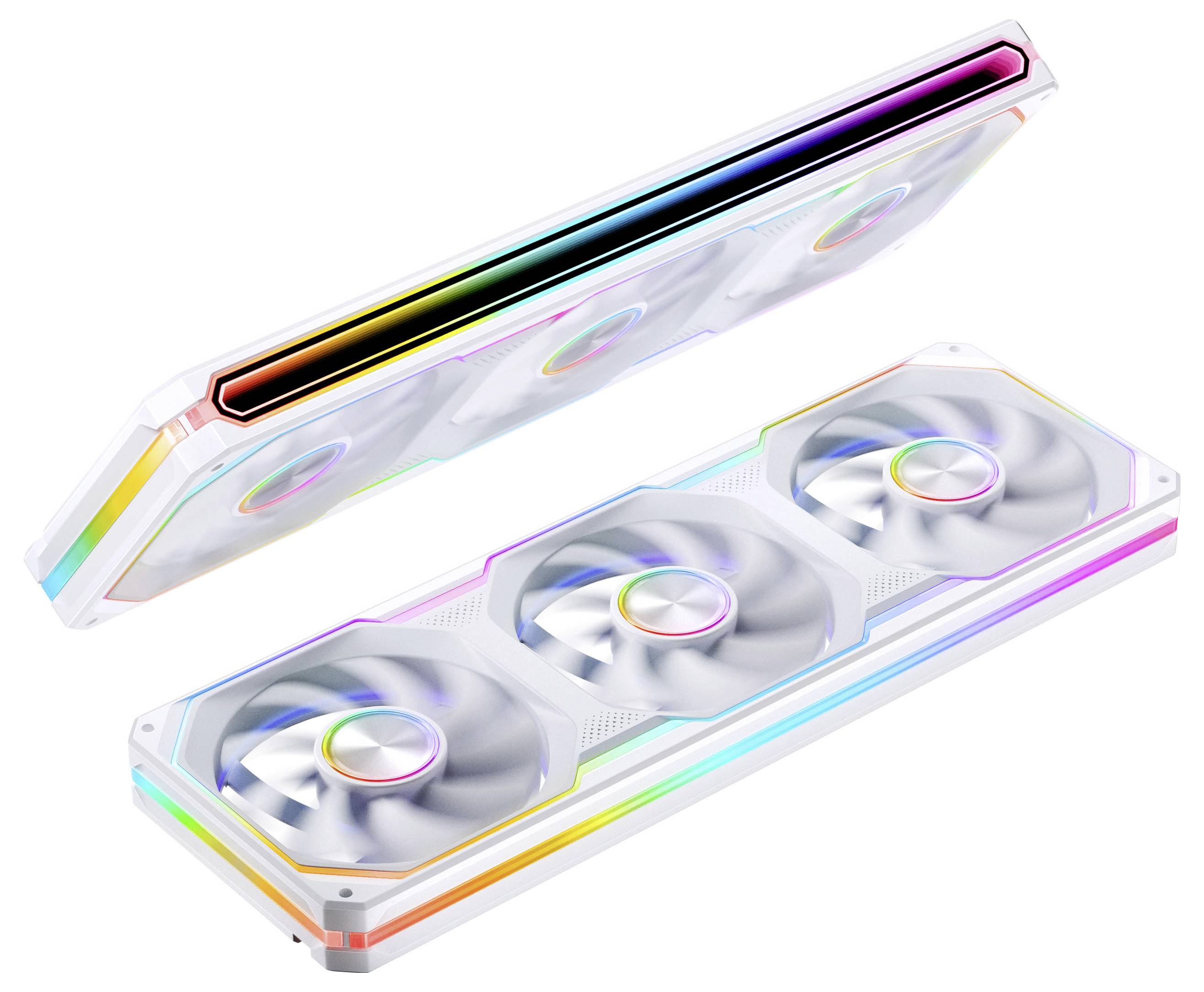 Dvě komponenty chladičů počítače osvětlené RGB diodami zobrazené odděleně, jedna s dlouhým osvětleným pruhem a jedna se třemi kruhy podobnými ventilátorům, na bílém pozadí.