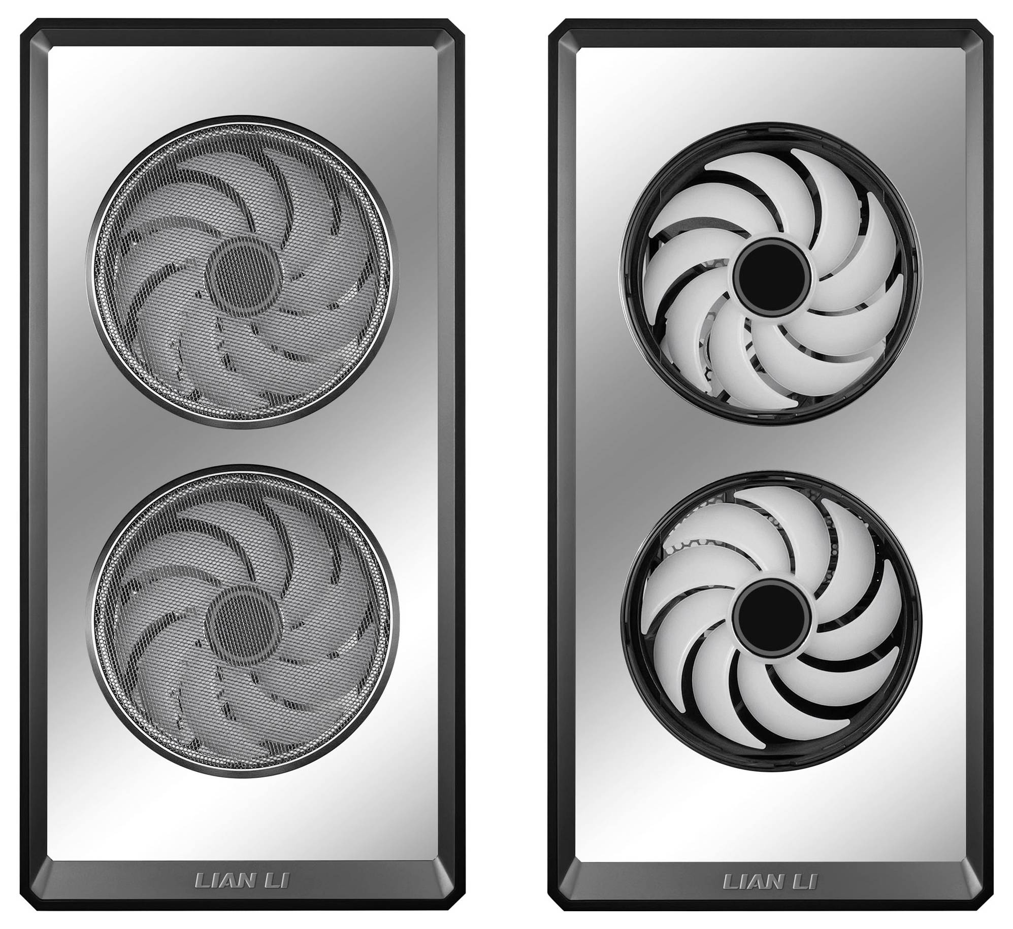 Dva pohledy na přední panel pouzdra počítače LIAN LI se dvěma kruhovými ventilátory každý: vlevo jsou ventilátory zakryté síťovinou, vpravo jsou ventilátory s lopatkami bez sítě.