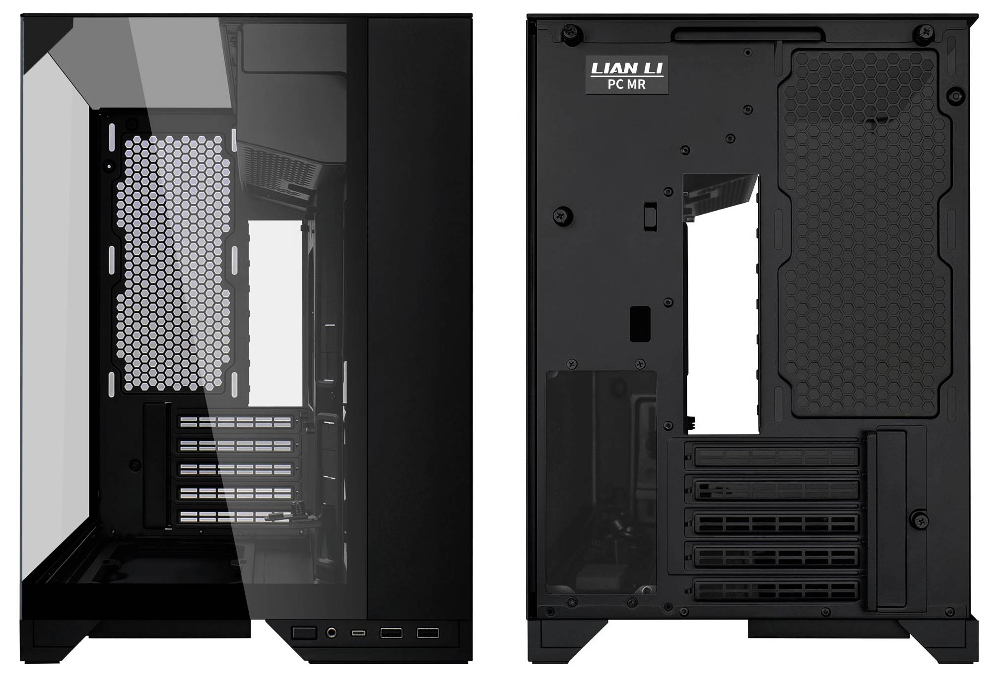 Dva pohledy na vnitřek a zadní stranu černé skříně PC, zobrazující panel základní desky, expanzní sloty, výřez pro kabely a horní štítek 'LIAN LI PC-MR'