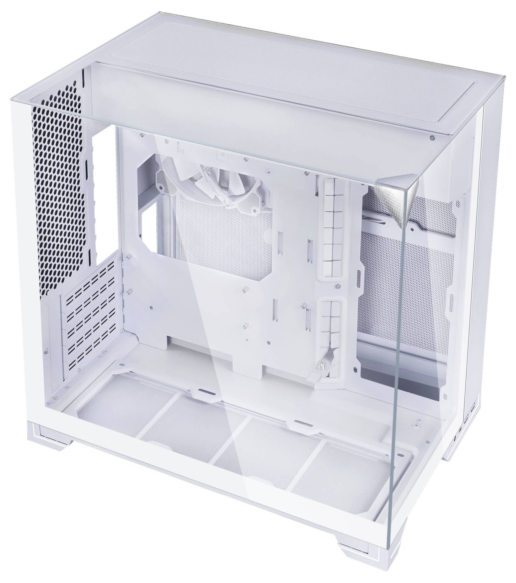 Průhledné počítačové skříně s viditelným vnitřním šasím, mechami na disky a ventilačními panely uvnitř čiré desktopové věže.