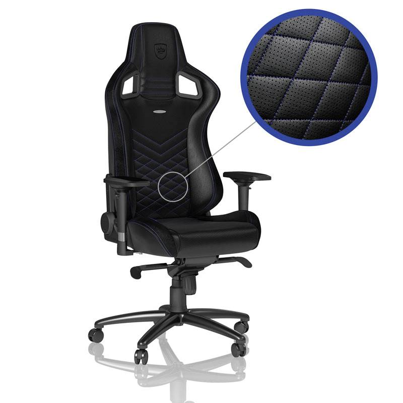 Černá ergonomická kancelářská herní židle s nastavitelnými opěradly na ramena, pětikola podstavcem a zvětšeným vloženým detailem zobrazujícím prquilovanou textura prošívaného sedadla.