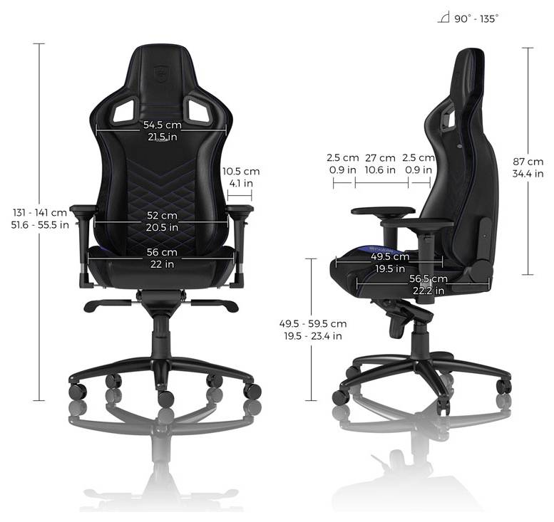 Černá ergonomická kancelářská židle zobrazena z přední a boční strany s rozměry a nastavitelným rozsahem náklon od 90° do 135°.