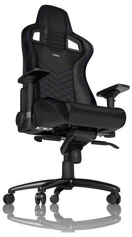 Černá ergonomická herní židle s opěrkou hlavy, loketními opěrkami a kolečkovým podstavcem na bílém pozadí