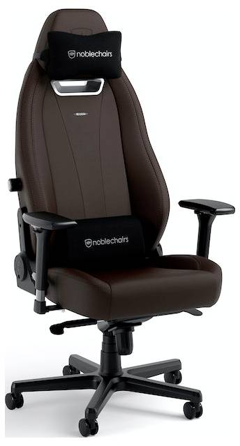 Hnědá a černá ergonomická kancelářská židle s opěrkou hlavy, loketními opěrkami a podstavcem s pěti kolečky, značka 'noblechairs'.