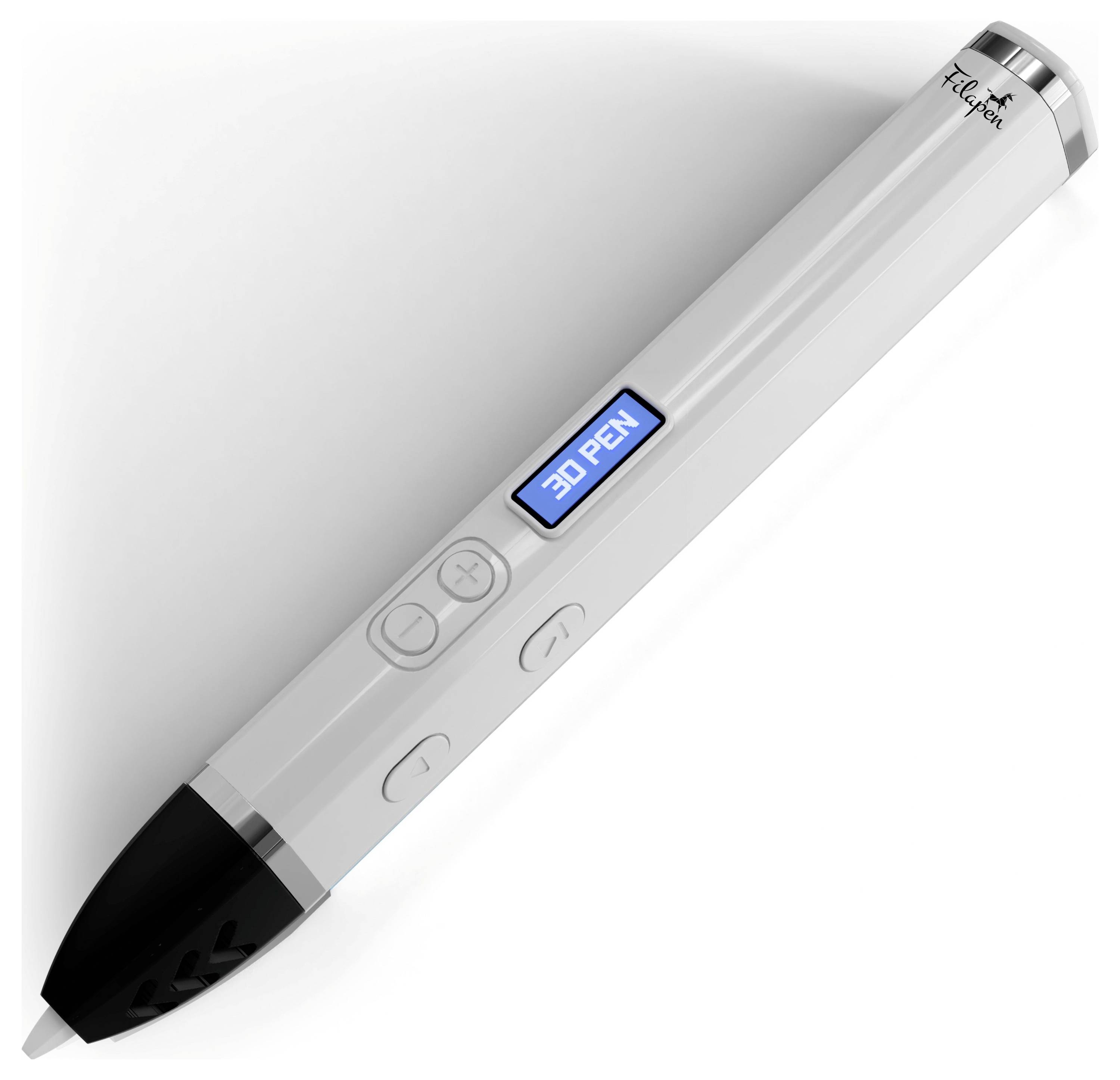 Bílé 3D pero s černým hrotem a modrým displejem zobrazujícím „3D PEN" na jednoduchém pozadí, zobrazeno diagonálně.