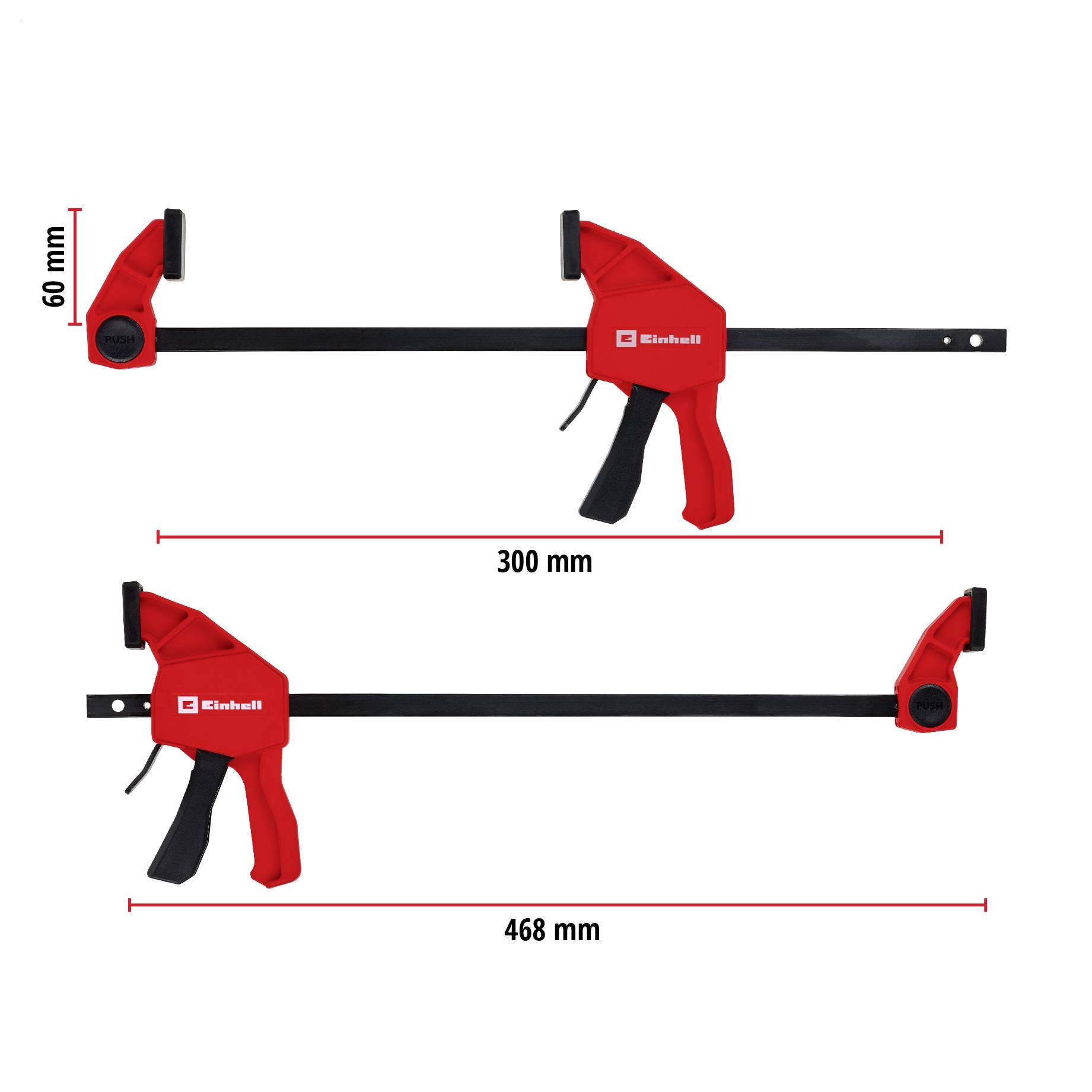 Produktový diagram červené tyčové svorky zobrazující dvě polohy s rozměry: délky 300 mm a 468 mm, výška čelistí 60 mm.