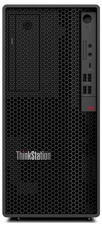 Přední pohled na černou desktopovou věž Lenovo ThinkStation s medonosnou mřížkou a porty na předním panelu, logo blízko spodní části.