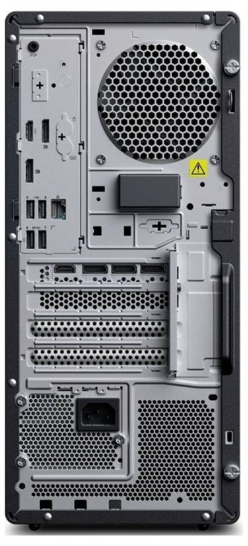 Zadní strana desktopové věže PC zobrazující zadní porty I/O, sloty pro rozšíření, větrání zdroje napájení a varovný štítek.