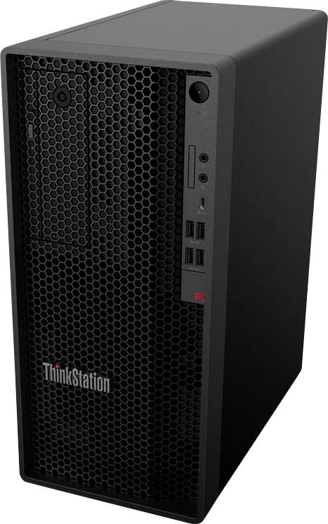 Černá stolní věž Lenovo ThinkStation s voštinovou přední mřížkou a předními porty USB a audio.
