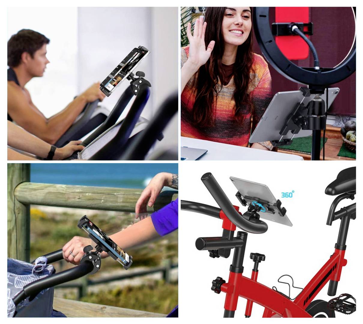Koláž ukazující tablet připevněný na fitness vybavení a na руkojetí kola, používaný pro bezrukavé prohlížení během tréninků nebo natáčení.
