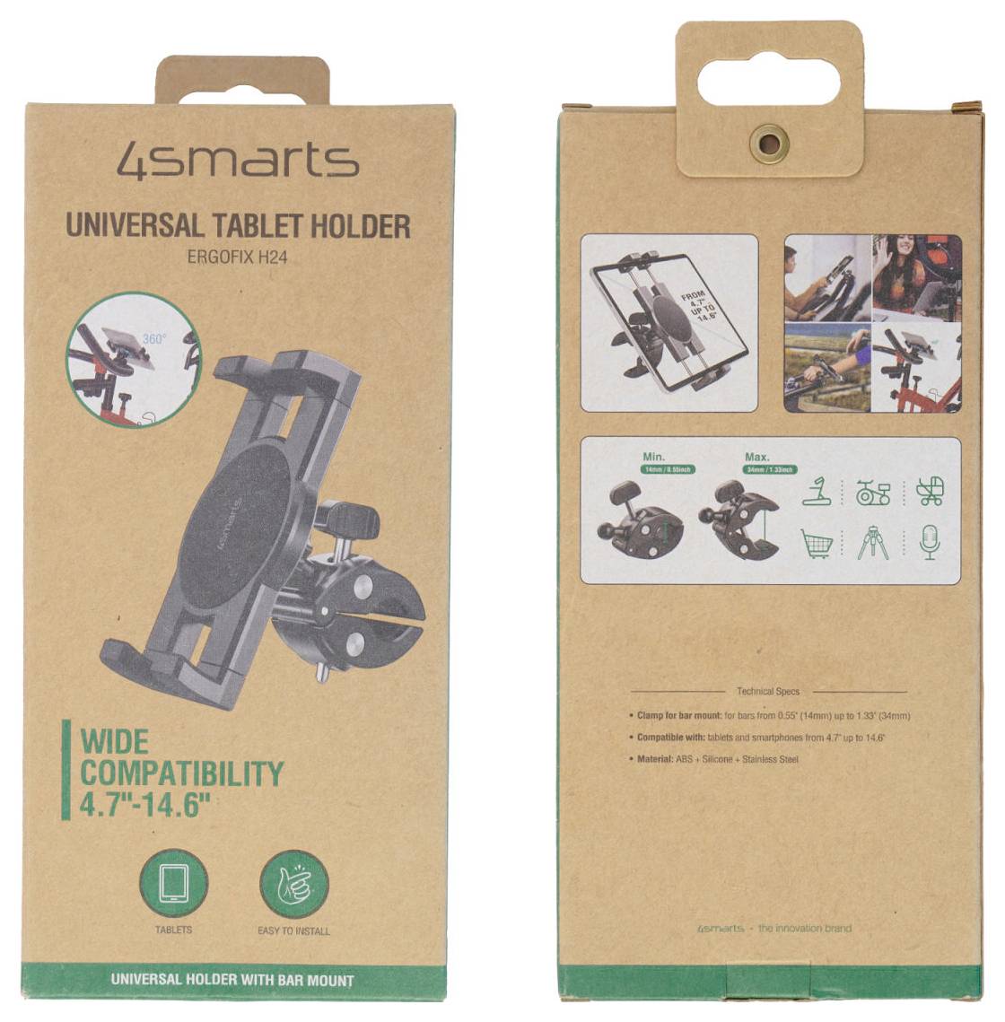 # Přední a zadní strana univerzálního držáku tabletu 4smarts s označením "Universal Tablet Holder" (Univerzální Držák Tabletu) a "Kompatibilita se širokým rozsahem 4,7"-14,6"", s fotkami produktu a funkcemi.