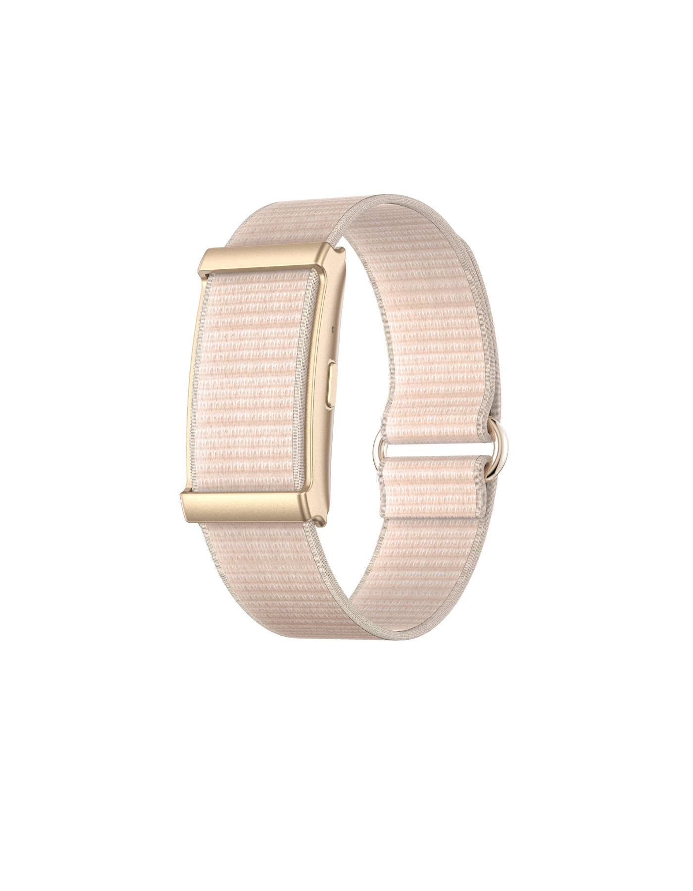 Růžový tkaný pásek na hodinky s rose-gold kovovou sponou, zobrazený izolovaně na bílém pozadí.