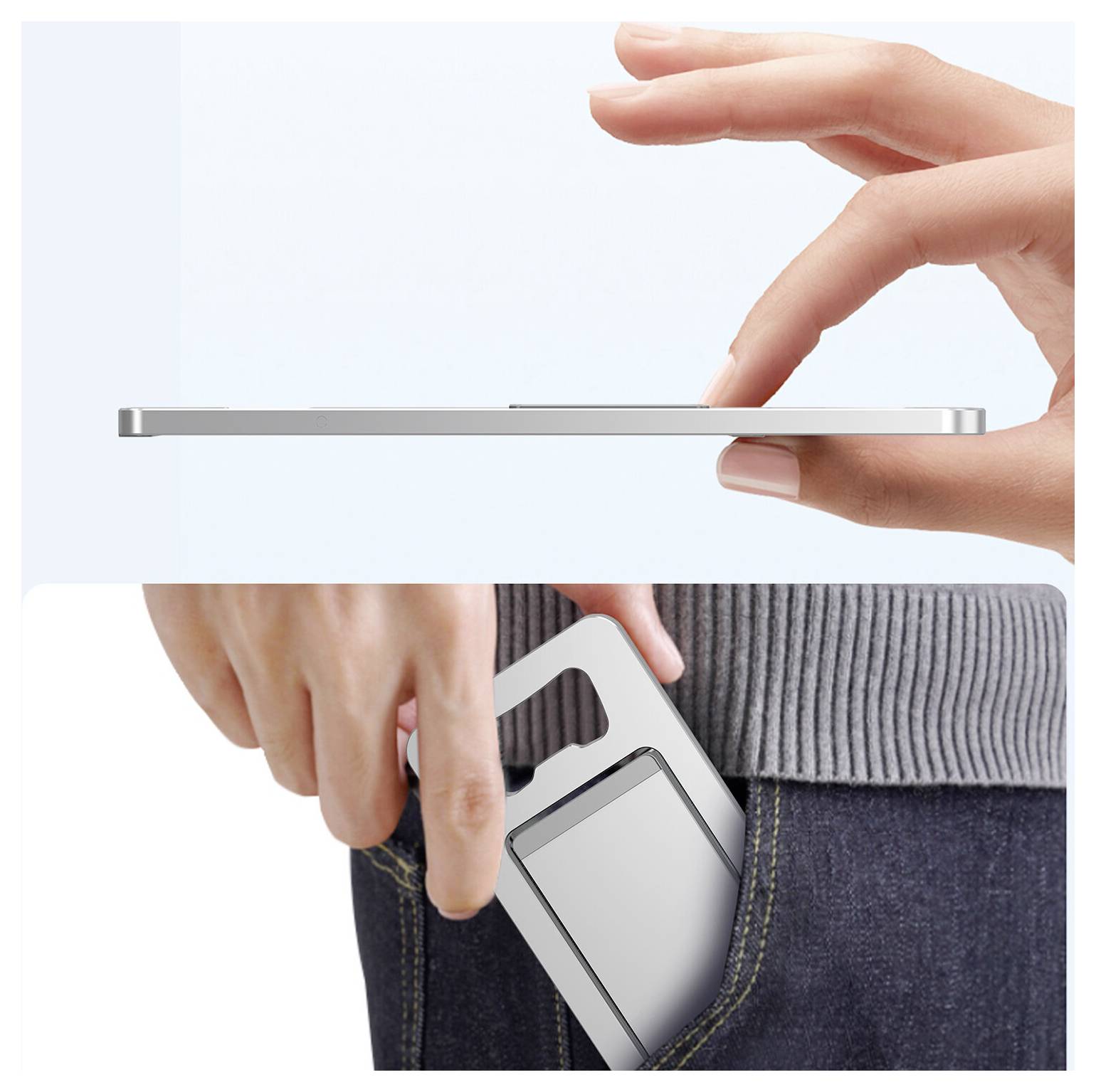 Ruce vkládají tenký chytrý telefon do kapsy džín, zobrazeno ze strany a zepředu, aby se ilustrovala tenký design telefonu a přizpůsobení kapsy.