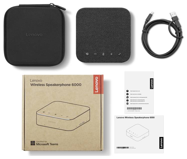 Sada Lenovo Wireless Speakerphone 6000 zobrazená s pouzdrem na přepravu, telefonem na hlasitou řeč, kabelem USB, krabicí a manuály na bílém pozadí.