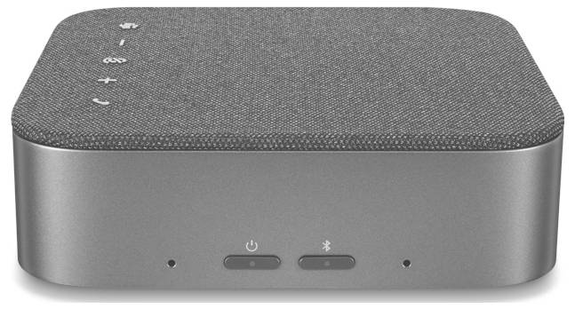Kompaktní šedý bezdrátový reproduktor/zařízení s textilním vrcholem, tlačítky napájení a Bluetooth na přední straně a stavovými indikátory.