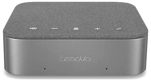 Šedé kompaktní zařízení Lenovo s texturovaným horním povrchem, světly stavu orientovanými vpřed a zakřiveným tělem podobným kovu na bílém pozadí