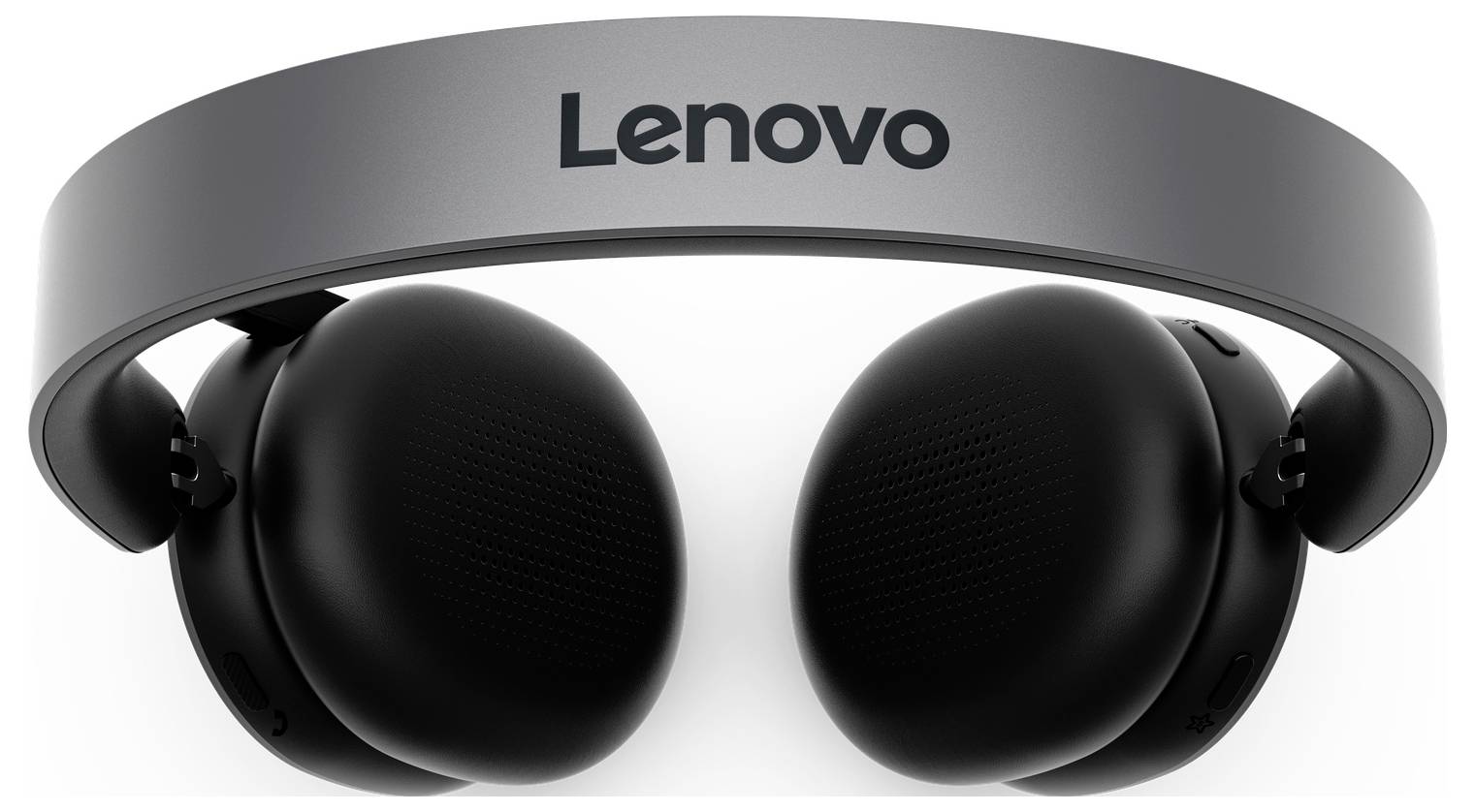 Lenovo VR headset se dvěma velkými černými čočkami a šedým hlavovým páskem s logem Lenovo.