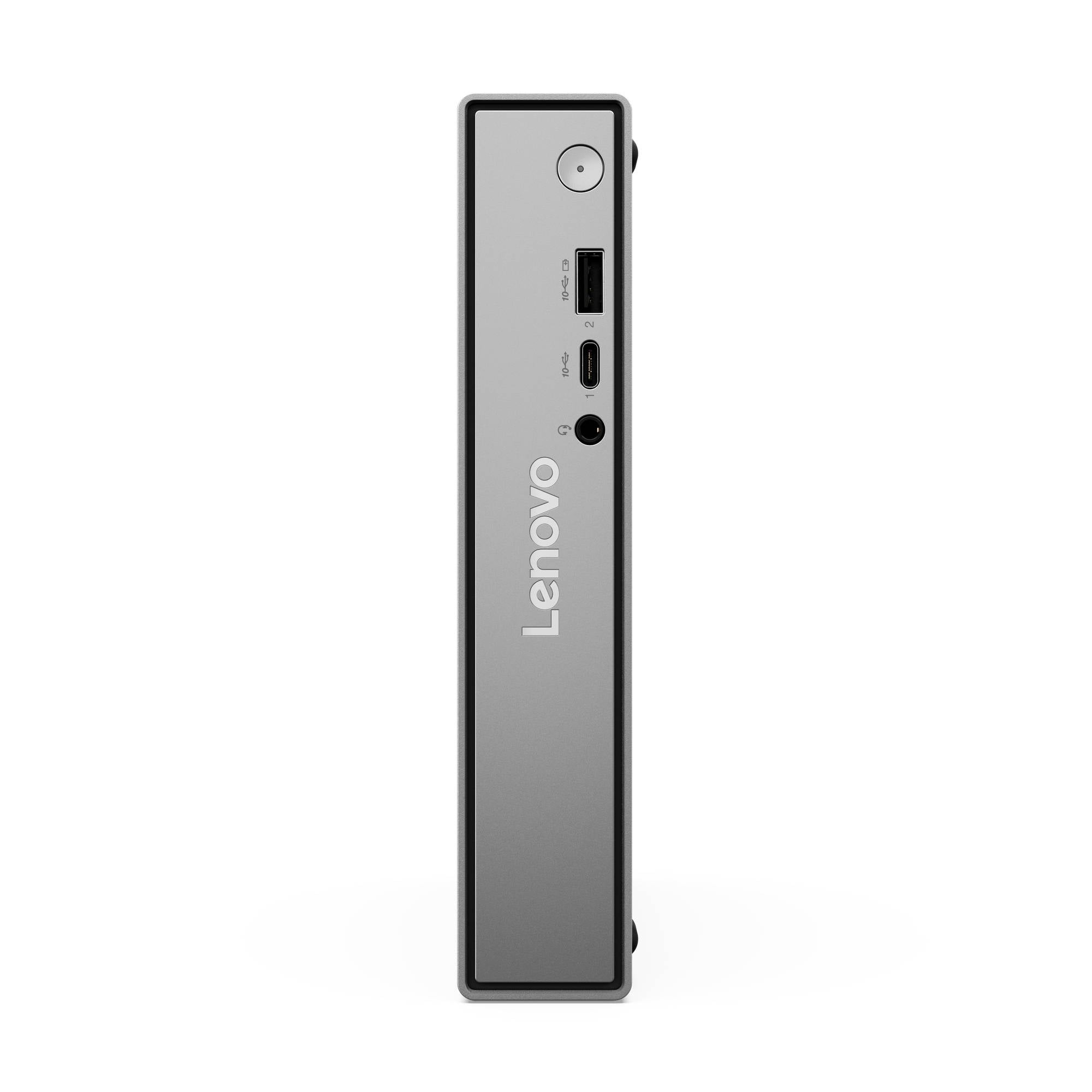 Přední pohled na štíhlý miniaturní počítač Lenovo s viditelným tlačítkem napájení, porty USB, portem USB-C a zdířkou pro sluchátka na předním panelu.