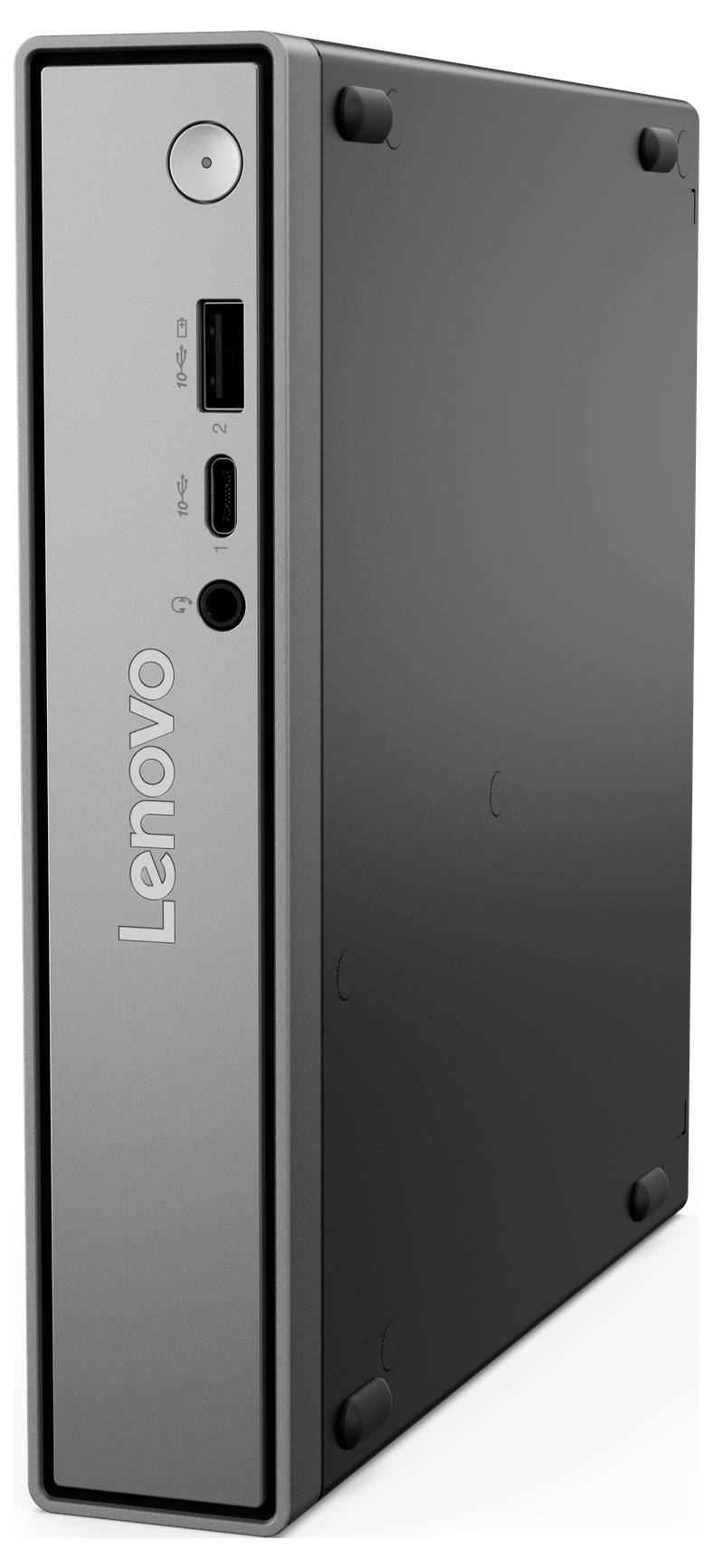 Malý stolní počítač Lenovo zobrazený v pohledu na svislý bok s porty USB, USB-C a sluchátkovým konektorem na přední straně panelu.