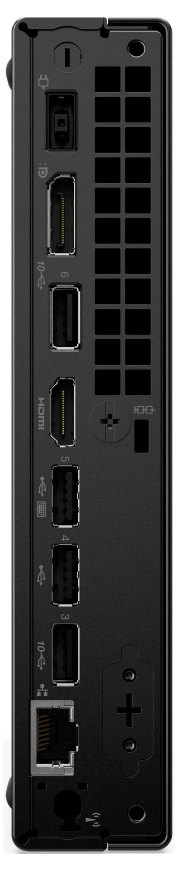 Zblízka černý zadní panel síťového zařízení s více porty, včetně dvou portů podobných HDMI, dvou portů USB, síťové zásuvky a otvorů pro ventilaci.