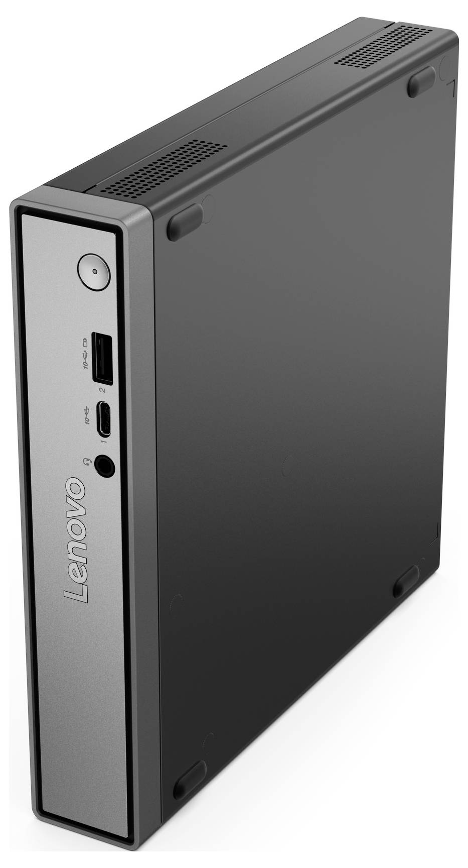 Kompaktní Lenovo mini stolní počítač v černé a stříbrné barvě s předními porty USB a audio porty.