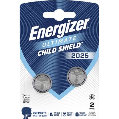 Energizer Ultimate Child Shield 2025 balíček baterií, zobrazující dvě lithiové knoflíkové baterie CR2025 a ikony pro bezpečnost dětí, prevenci úniku a hořkou vrstvu.