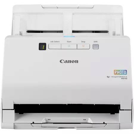 Přední pohled na skener dokumentů Canon se zásobníkem papíru, ovládacími tlačítky a viditelnou přední výstupní přihrádkou.
