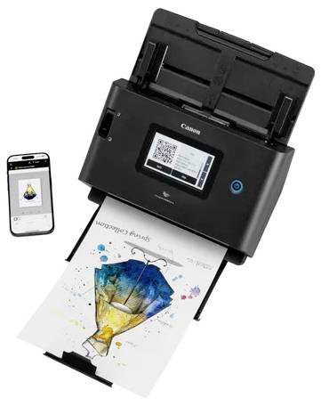 Canon skener s plynulým podáváním papíru digitalizuje barevné umělecké dílo, zatímco smartphone vedle něj zobrazuje naskenovaný obrázek.