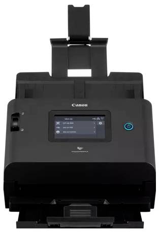 Černý skener dokumentů Canon s automatickým podavačem, přední ovládacím panelem a otevřenou výstupní přihrádkou na bílém pozadí.