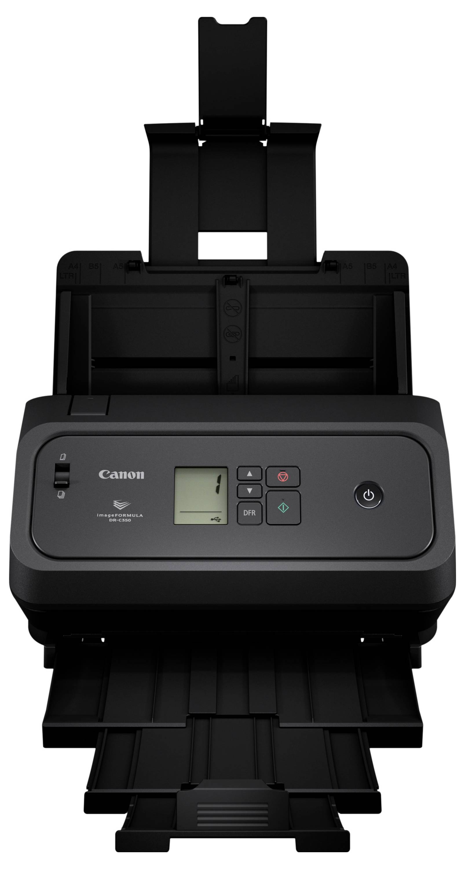 Skener dokumentů Canon s automatickým podavačem, přední pohled, zobrazující ovládací panel, výstupní zásobník a sloty pro vstup papíru.